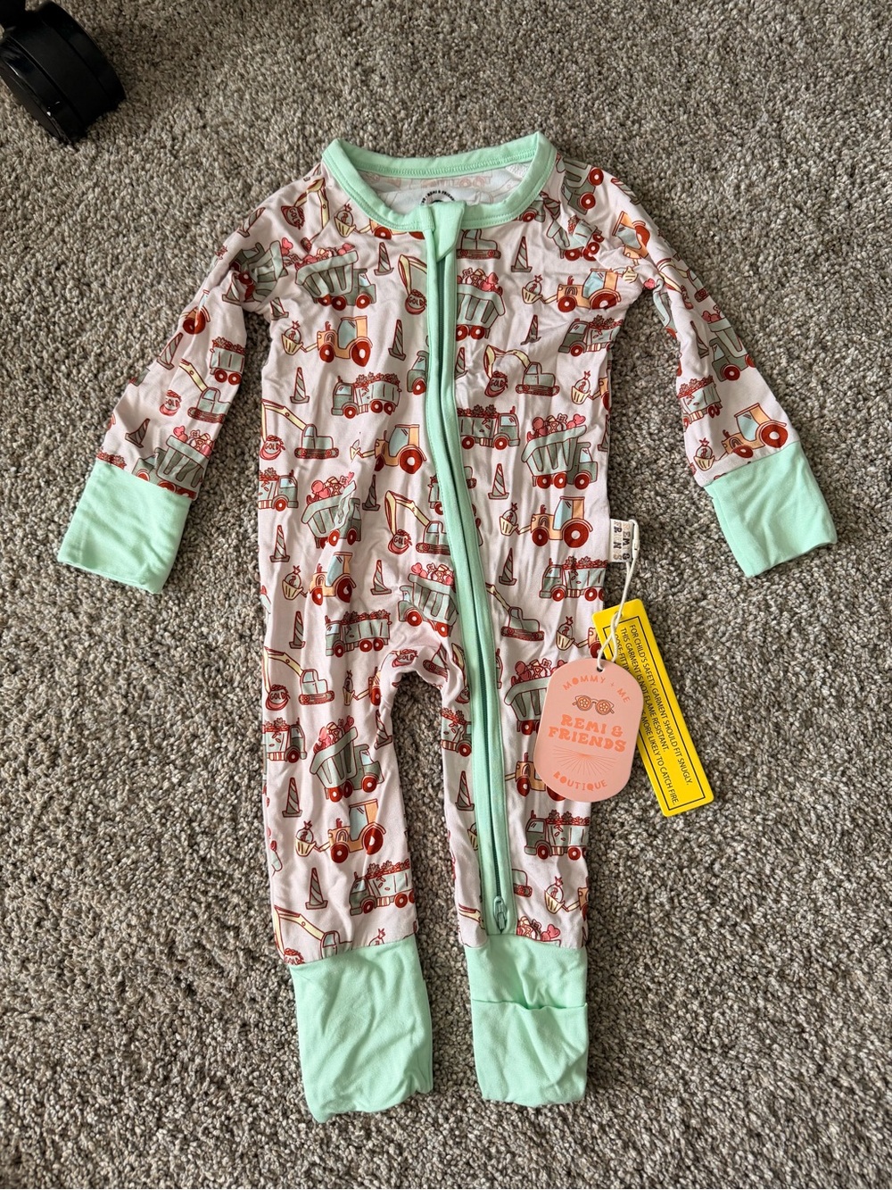 Construction Print Kids Zip-Front Pajama Romper in Mint